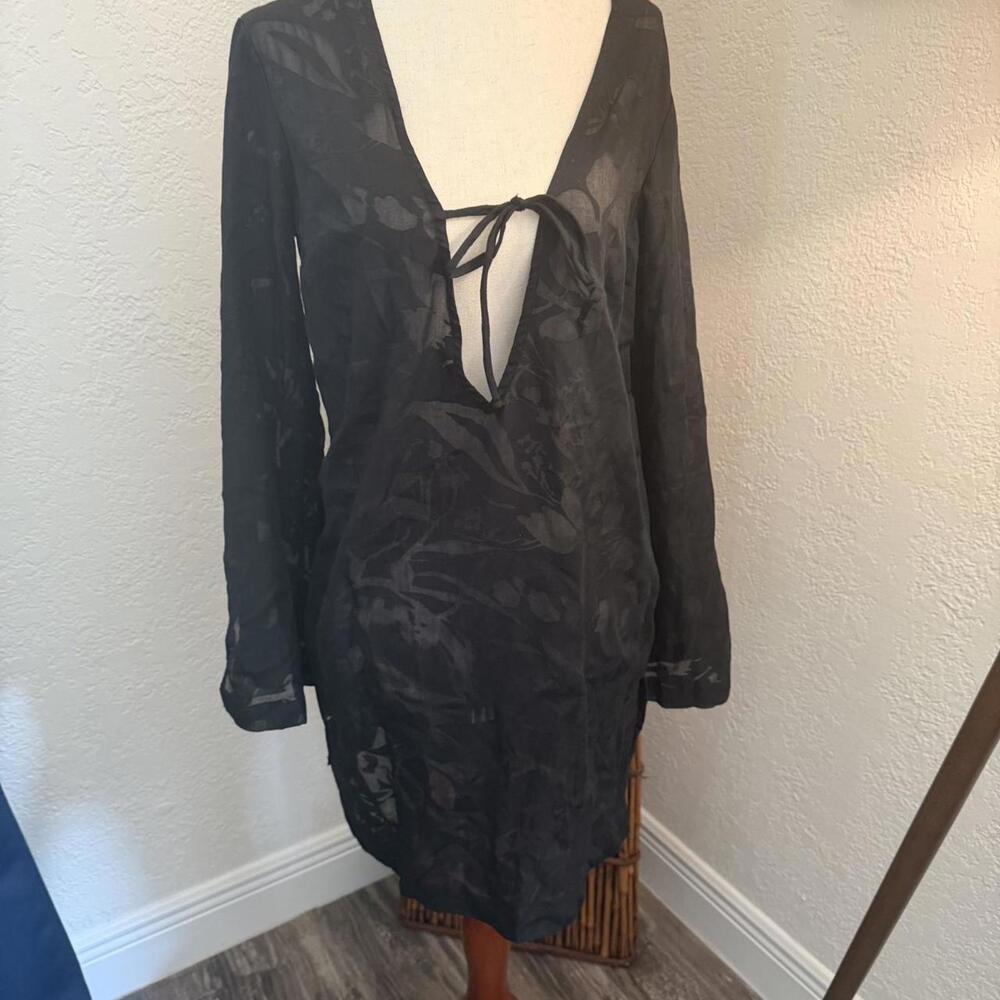 Black sheer long sleeve swimsuit cover with tie front #swim